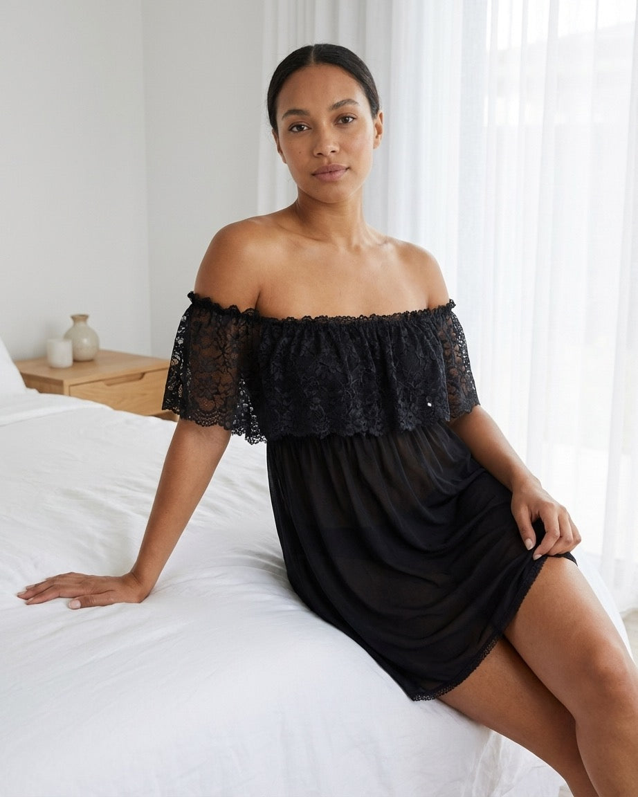 Up All Night Off The Shoulder Nightie and Panty Set
