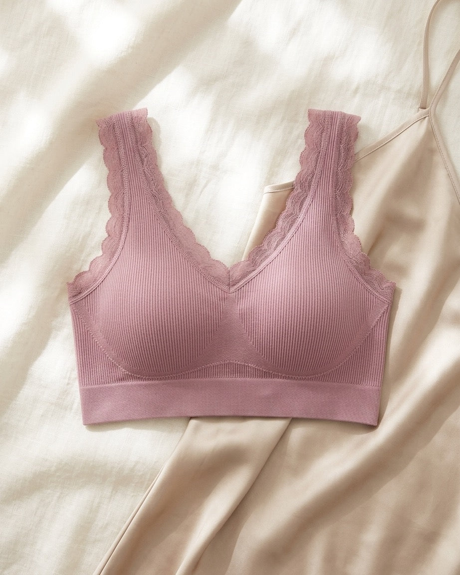 Ribbed Knit Lace Trim Leisure Bra